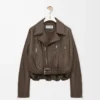 Veste motard en cuir d&rsquo;agneau nappa vert kaki