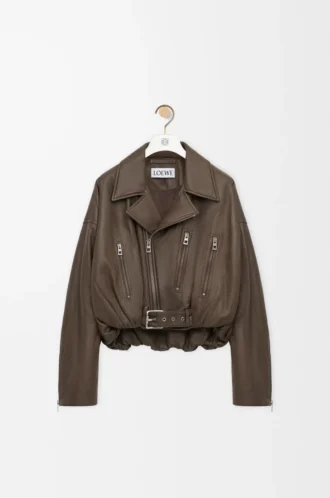Veste motard en cuir d&rsquo;agneau nappa vert kaki