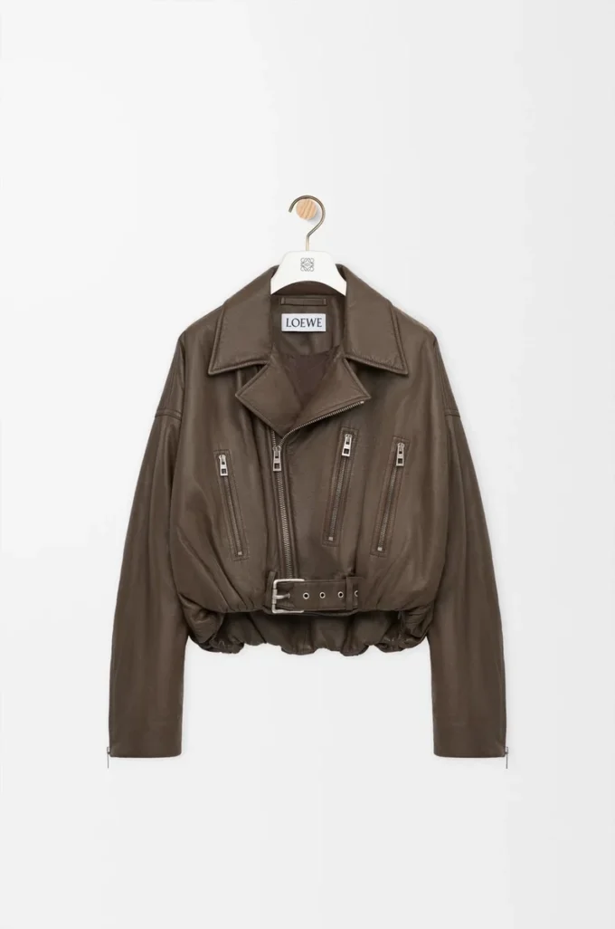 Veste motard en cuir d&rsquo;agneau nappa vert kaki