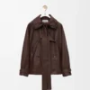 Veste à nœud en cuir d&rsquo;agneau nappa chocolat foncé