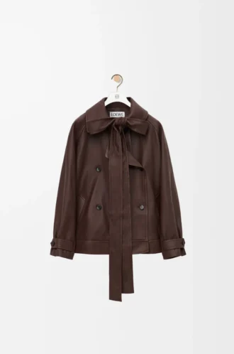 Veste à nœud en cuir d&rsquo;agneau nappa chocolat foncé