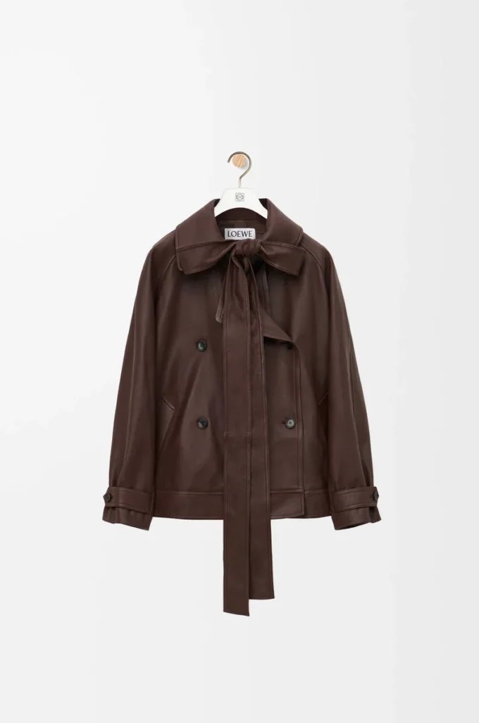 Veste à nœud en cuir d&rsquo;agneau nappa chocolat foncé