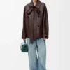 Veste à nœud en cuir d&rsquo;agneau nappa chocolat foncé