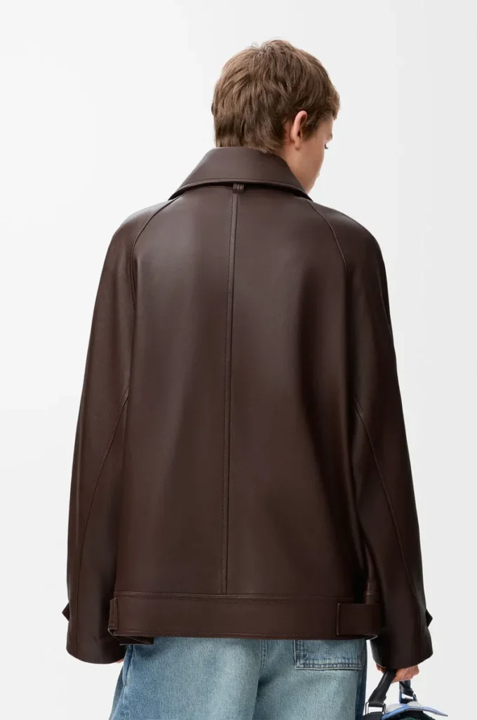Veste à nœud en cuir d&rsquo;agneau nappa chocolat foncé