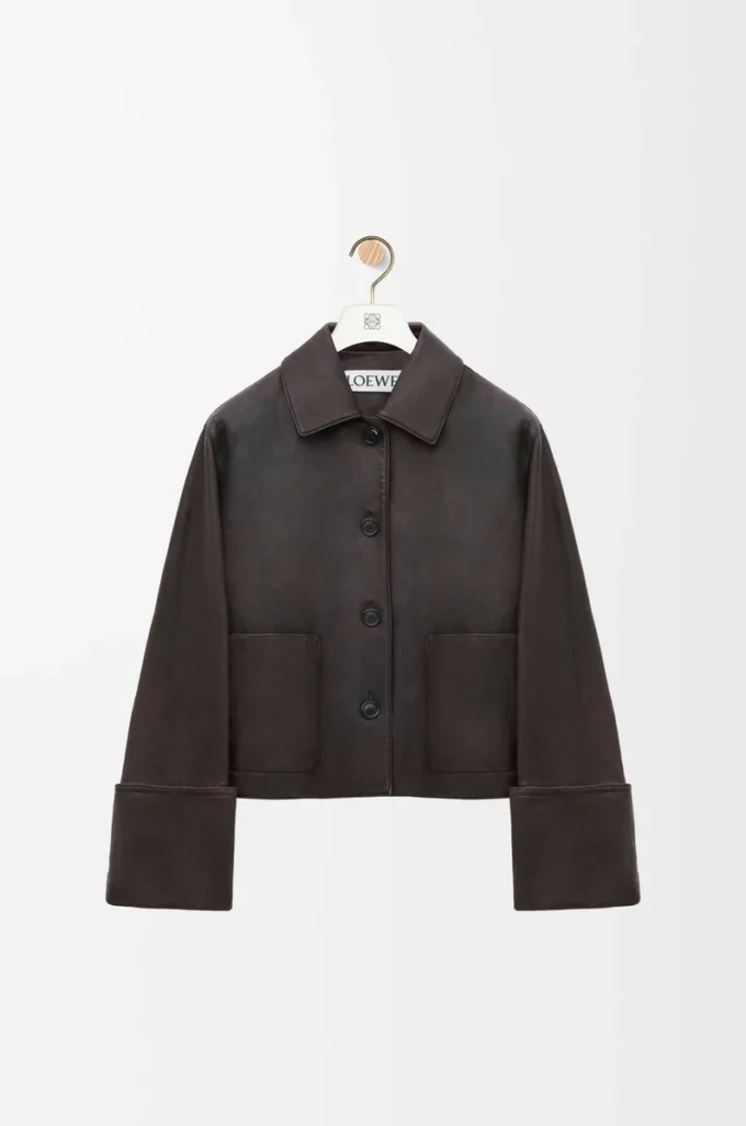 Veste à revers en cuir d&rsquo;agneau nappa Marron