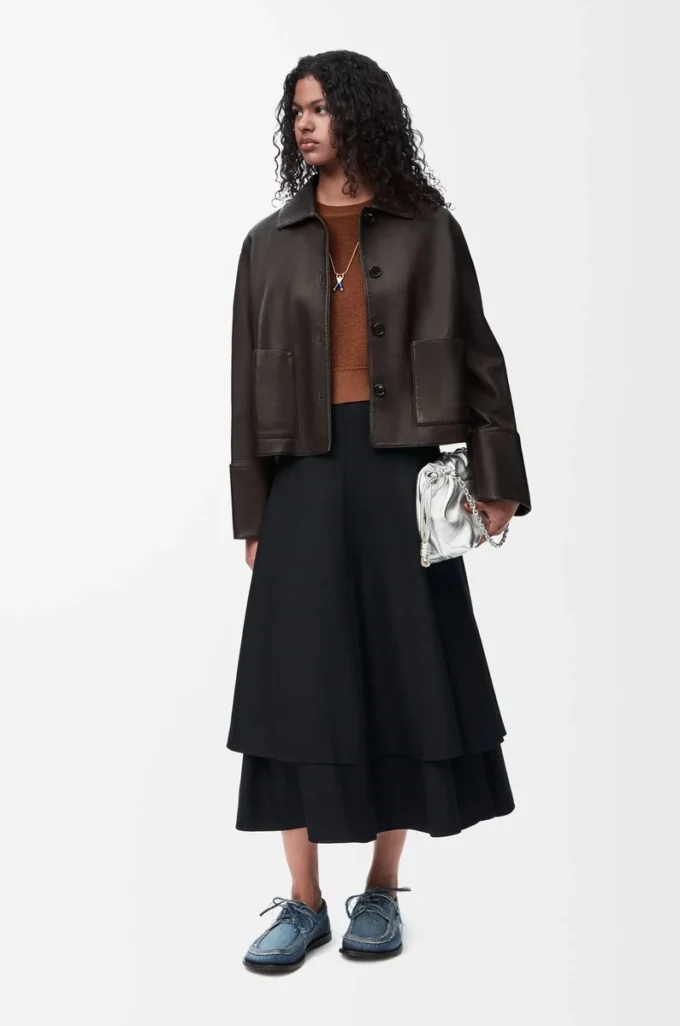 Veste à revers en cuir d&rsquo;agneau nappa Marron