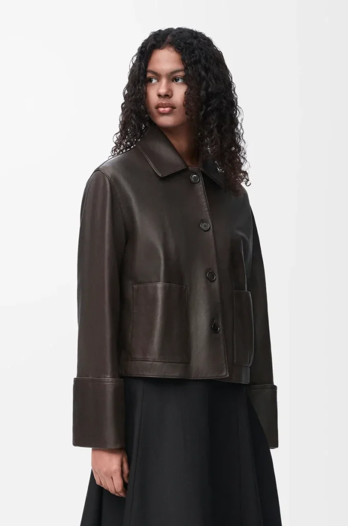 Veste à revers en cuir d&rsquo;agneau nappa Marron