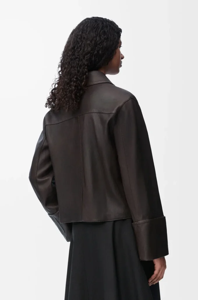 Veste à revers en cuir d&rsquo;agneau nappa Marron