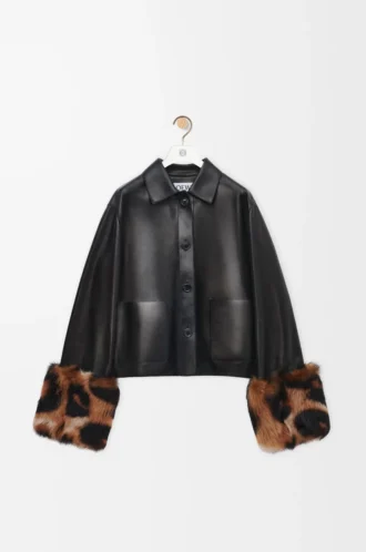 Veste à revers en cuir d&rsquo;agneau nappa Noir