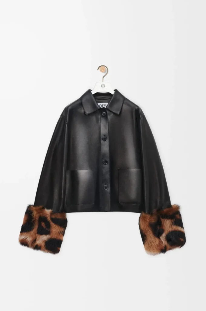 Veste à revers en cuir d&rsquo;agneau nappa Noir
