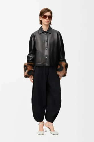 Veste à revers en cuir d&rsquo;agneau nappa Noir