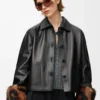 Veste à revers en cuir d&rsquo;agneau nappa Noir
