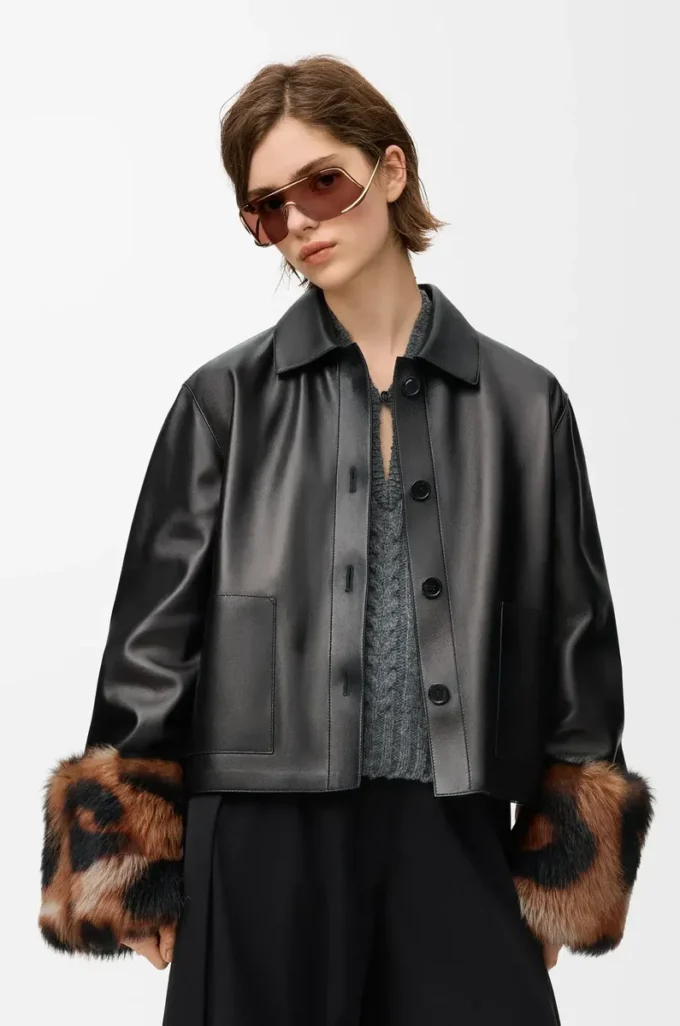 Veste à revers en cuir d&rsquo;agneau nappa Noir