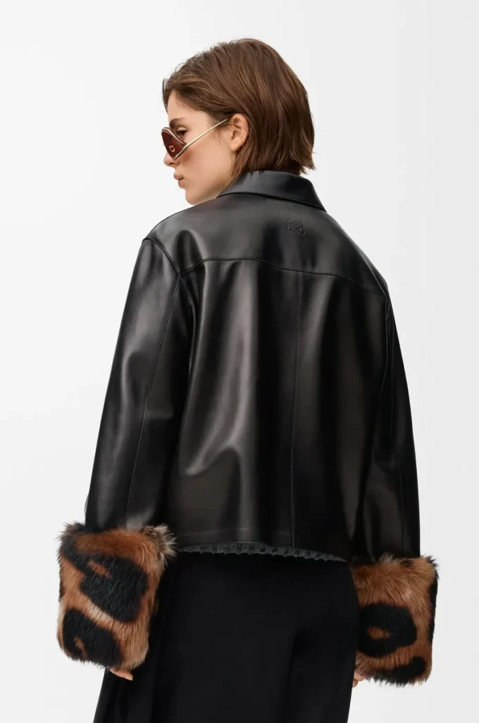 Veste à revers en cuir d&rsquo;agneau nappa Noir