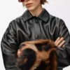 Veste à revers en cuir d&rsquo;agneau nappa Noir