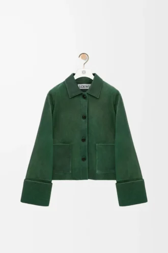 Veste à revers en cuir d&rsquo;agneau nappa vert foncé