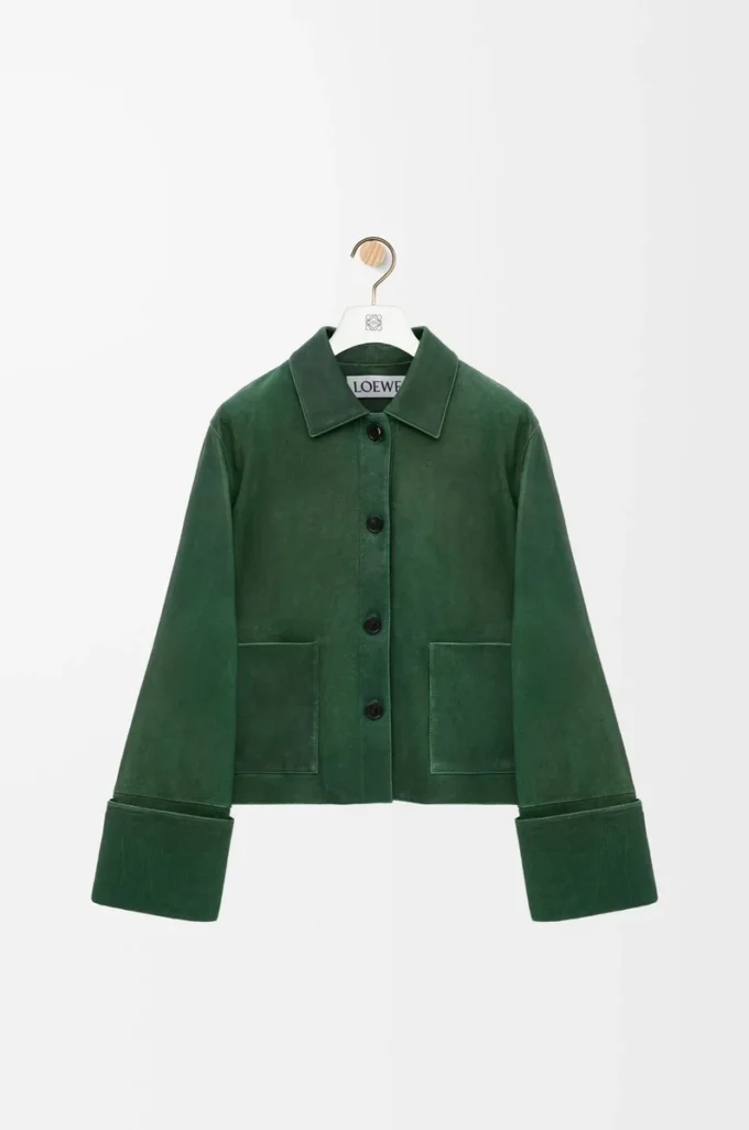 Veste à revers en cuir d&rsquo;agneau nappa vert foncé