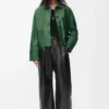 Veste à revers en cuir d&rsquo;agneau nappa vert foncé