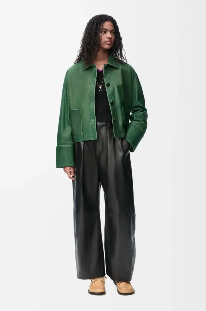 Veste à revers en cuir d&rsquo;agneau nappa vert foncé