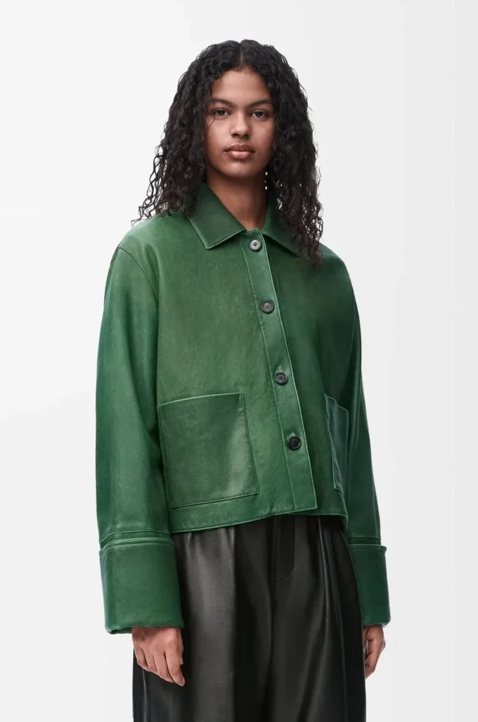 Veste à revers en cuir d&rsquo;agneau nappa vert foncé