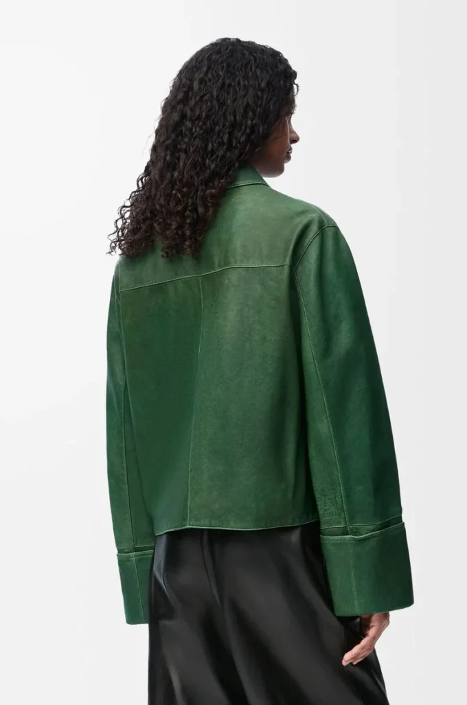 Veste à revers en cuir d&rsquo;agneau nappa vert foncé