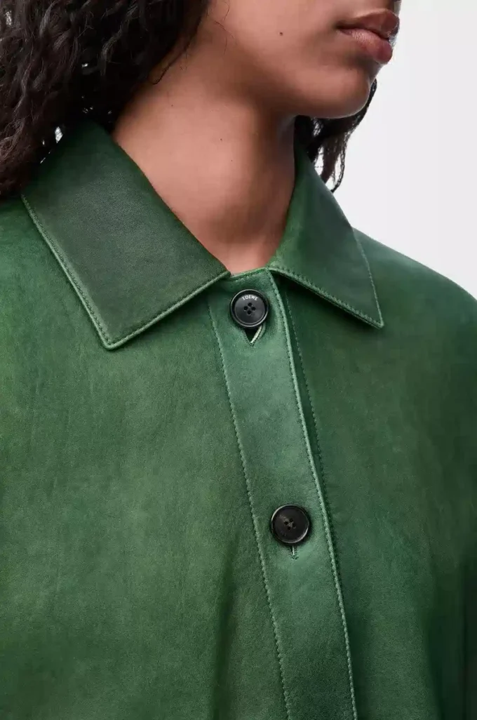 Veste à revers en cuir d&rsquo;agneau nappa vert foncé