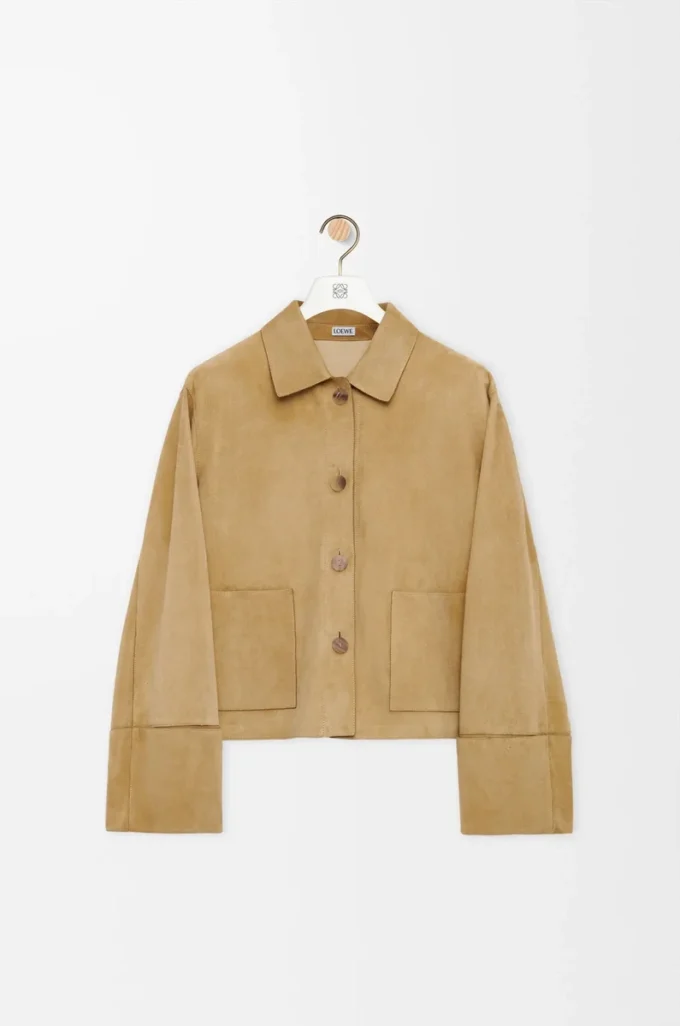Veste à revers en cuir d&rsquo;agneau suédé doré