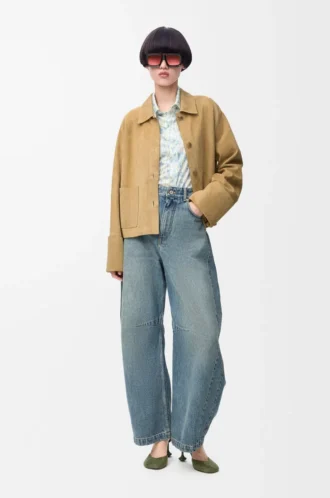 Veste à revers en cuir d&rsquo;agneau suédé doré