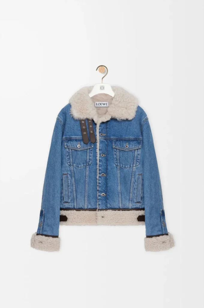 Veste trucker en denim et peau de mouton bleu denim
