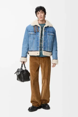 Veste trucker en denim et peau de mouton bleu denim