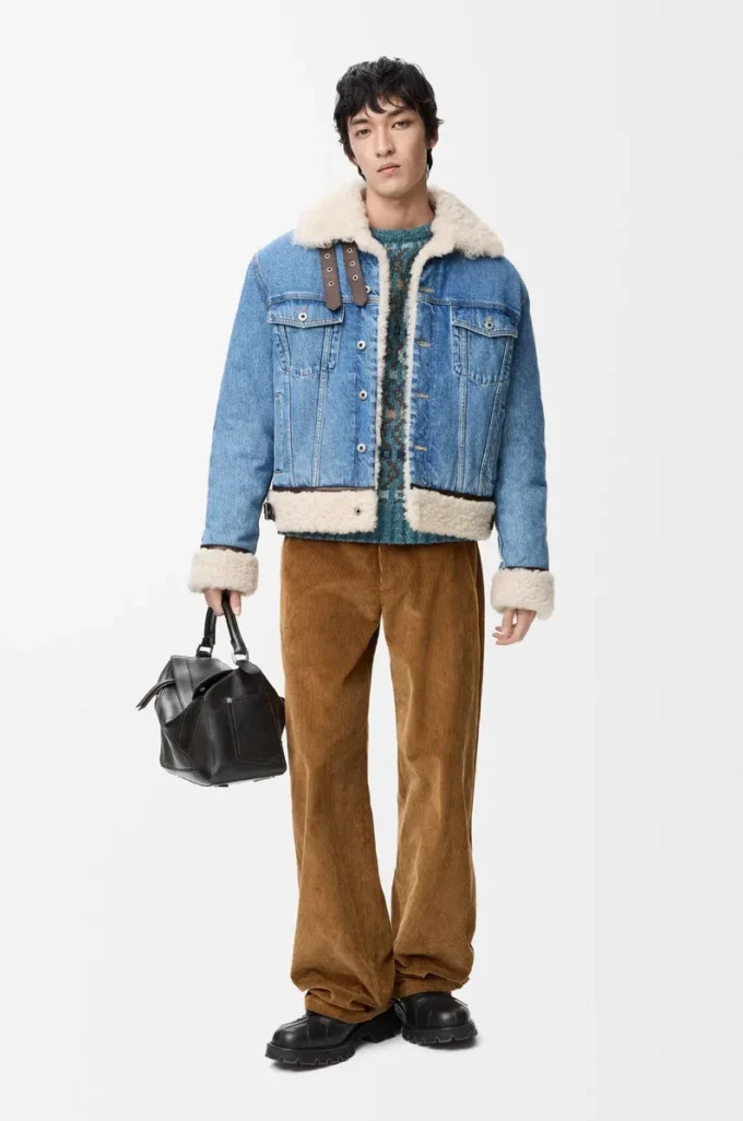 Veste trucker en denim et peau de mouton bleu denim