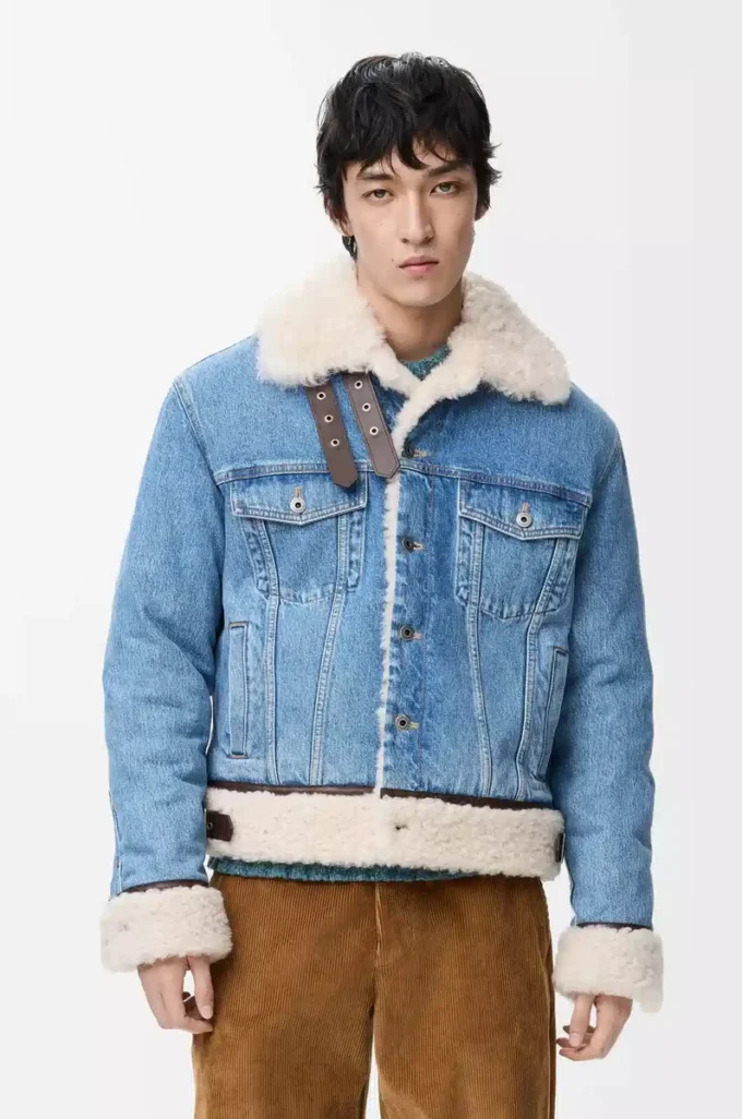 Veste trucker en denim et peau de mouton bleu denim