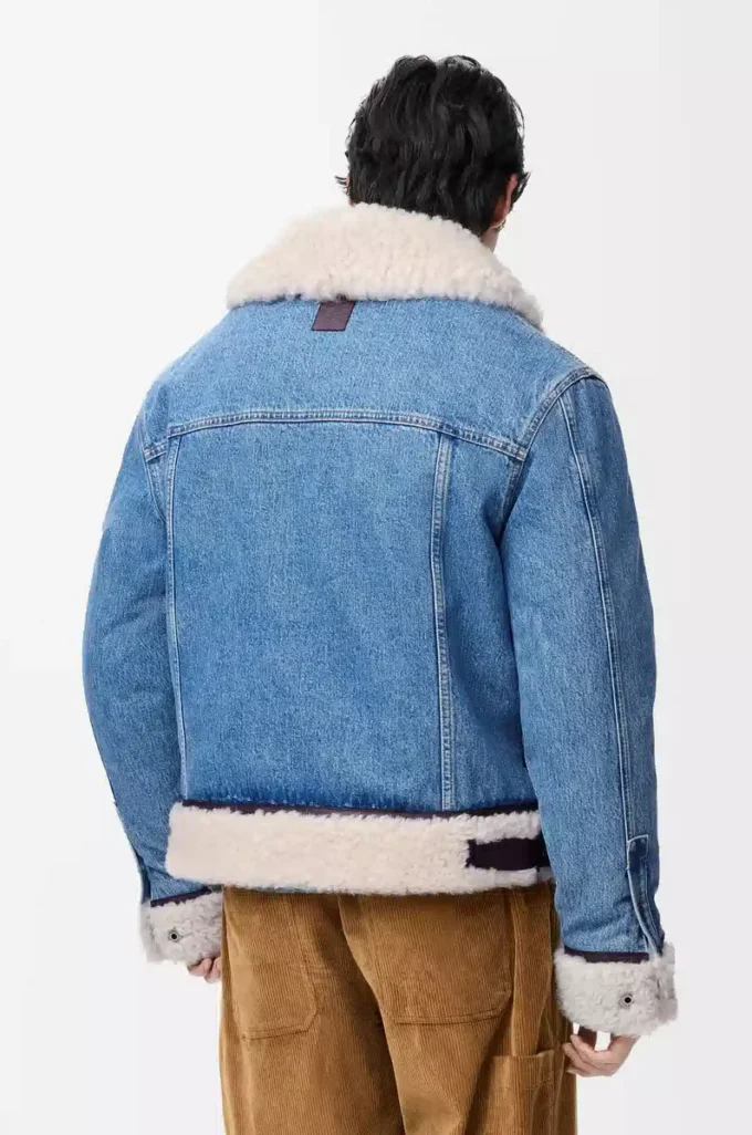 Veste trucker en denim et peau de mouton bleu denim