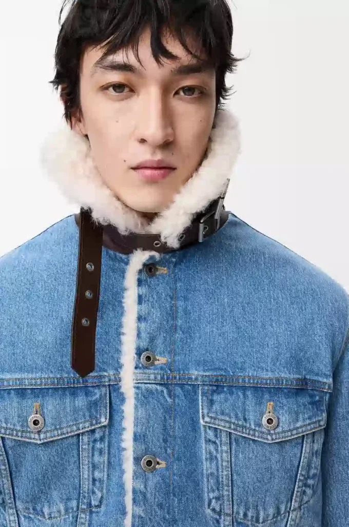 Veste trucker en denim et peau de mouton bleu denim