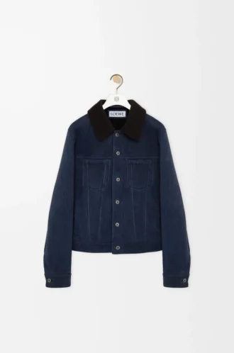 Veste trucker en peau lainée bleu marine/marron