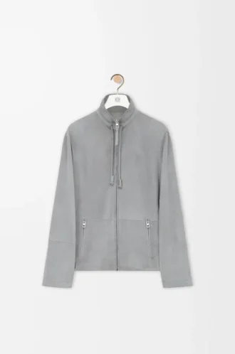 Veste zippée en cuir d&rsquo;agneau suédé gris clair